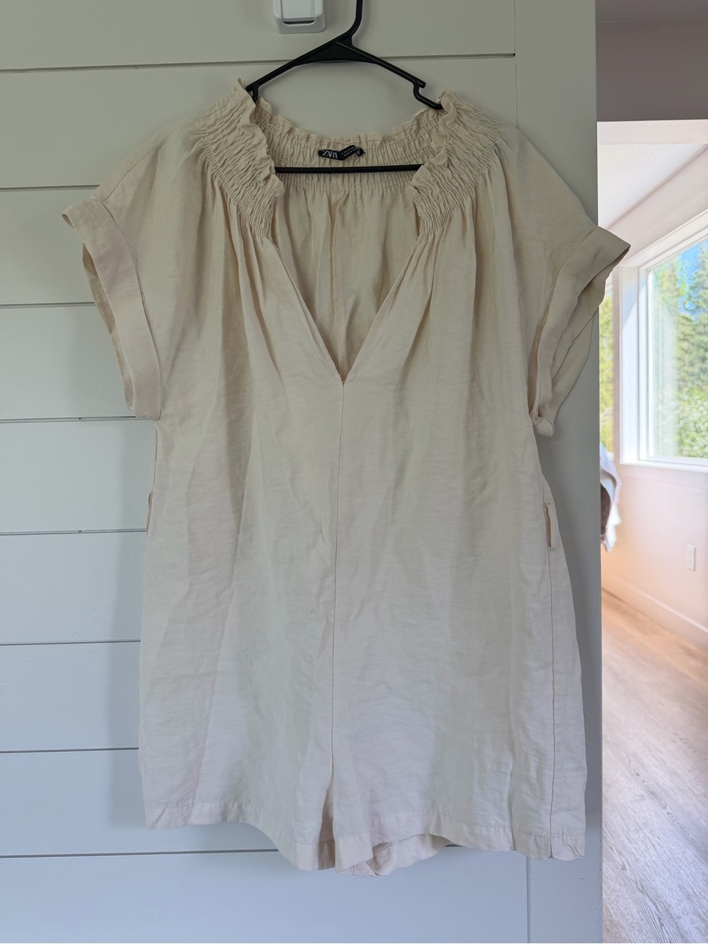 Zara Cream Smocked-Neck Short-Sleeve Tunic Top